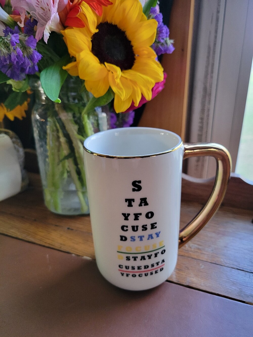 Tabitha Brown Stay Focused Dining Coffee Mug Gold Rim 13 oz Eye Chart Cup